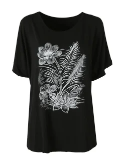Solada Maxi t-shirt donna in viscosa con stampa fiori e dettagli micro borchie - nero