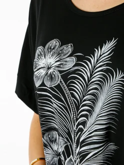 Solada Maxi t-shirt donna in viscosa con stampa fiori e dettagli micro borchie - nero