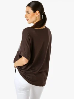 Solada Maxi t-shirt donna in viscosa con stampa fiori e dettagli micro borchie - marrone