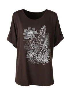 Solada Maxi t-shirt donna in viscosa con stampa fiori e dettagli micro borchie - marrone