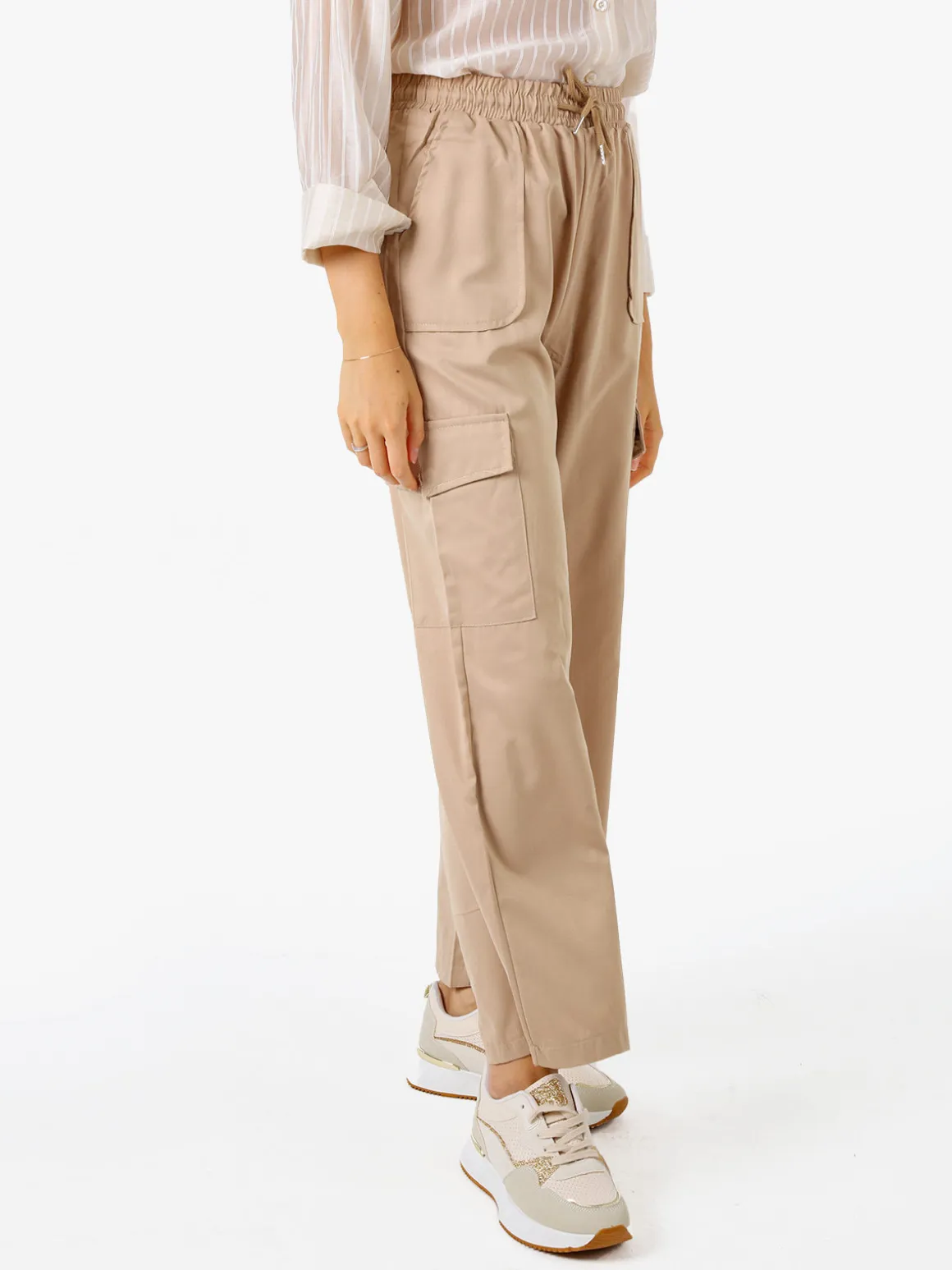 Solada Pantaloni donna a gamba larga con tasconi laterali e coulisse - khaki