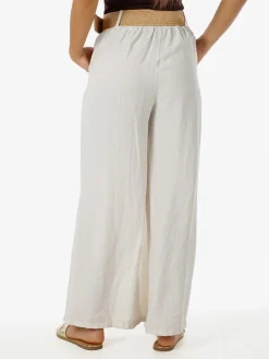 Solada Pantaloni donna a gamba larga in viscosa con cintura in rafia - beige
