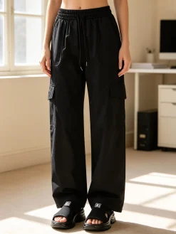 Solada Pantaloni donna a gamba larga con tasconi laterali e coulisse - nero