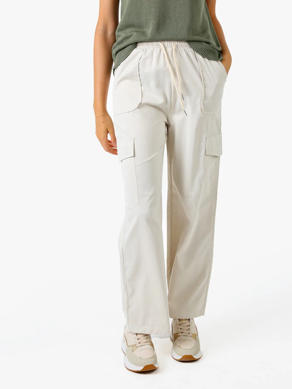 Solada Pantaloni donna a gamba larga con tasconi laterali e coulisse - beige