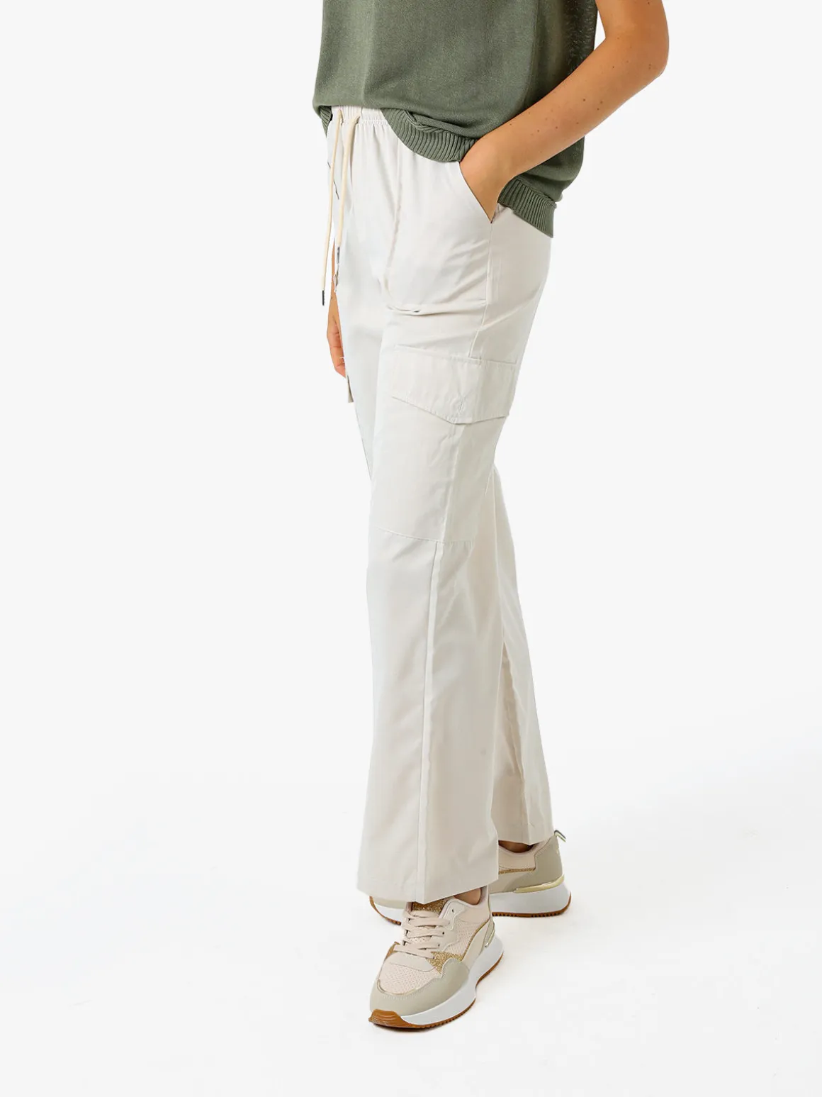 Solada Pantaloni donna a gamba larga con tasconi laterali e coulisse - beige