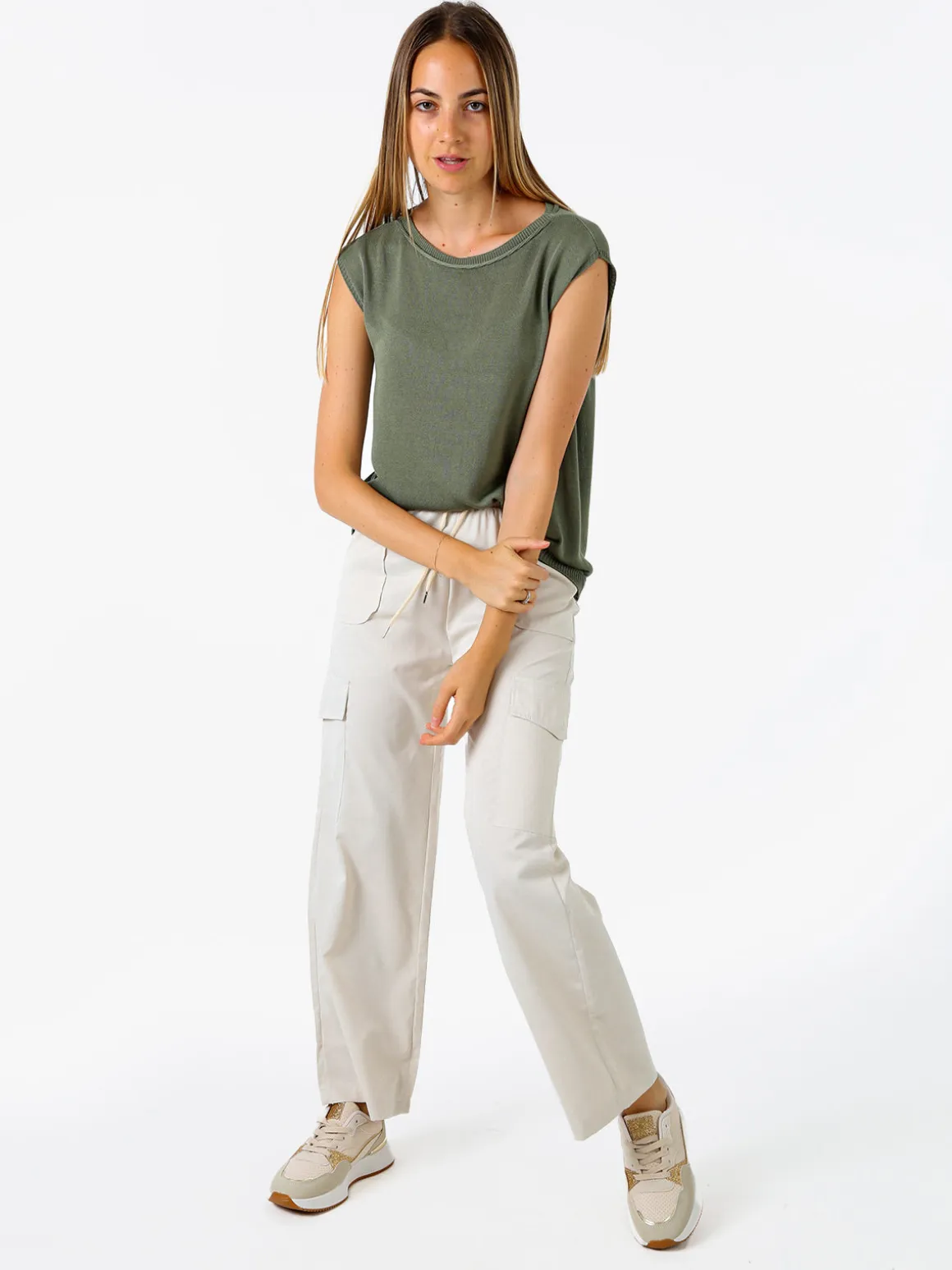 Solada Pantaloni donna a gamba larga con tasconi laterali e coulisse - beige