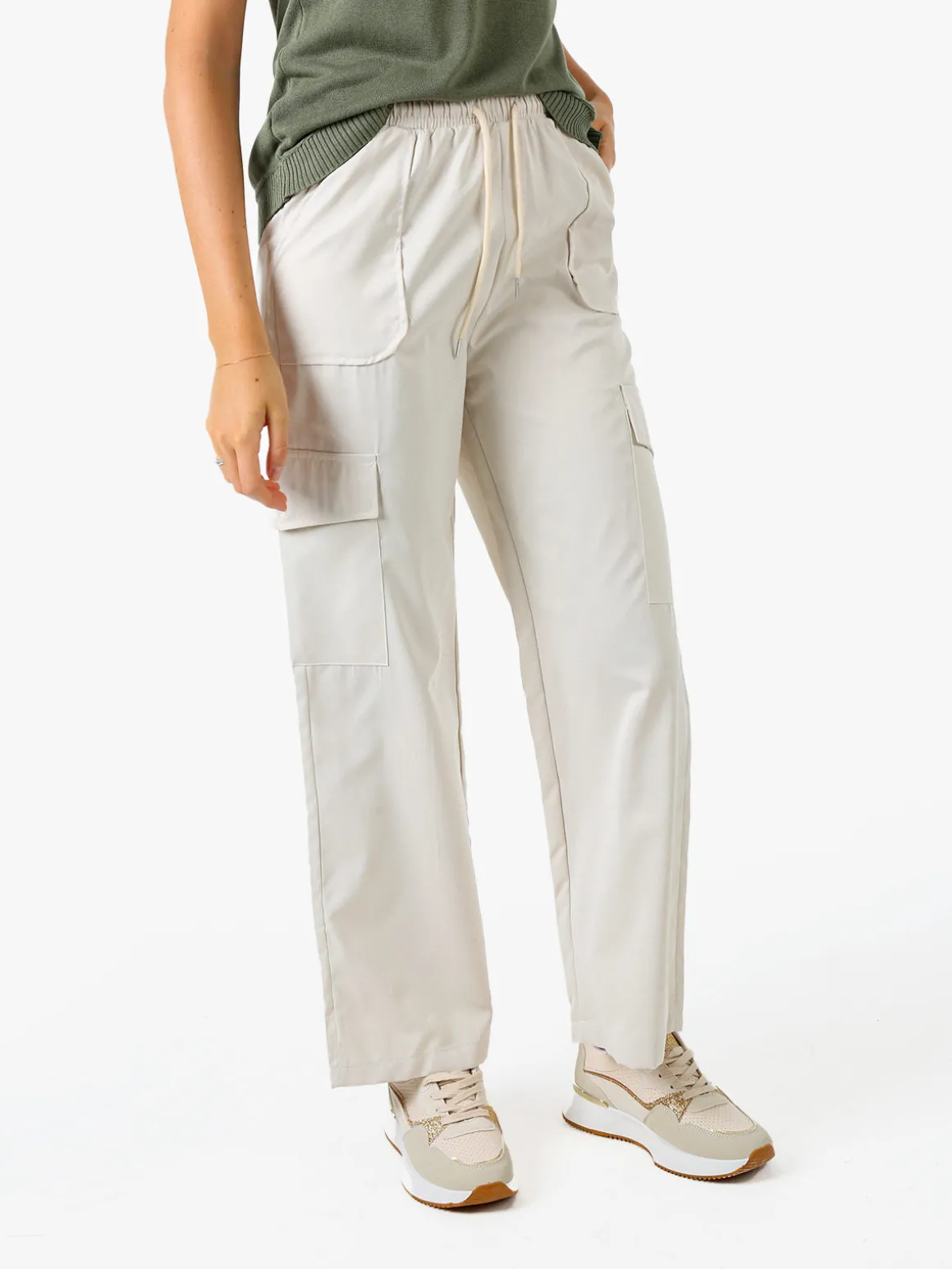 Solada Pantaloni donna a gamba larga con tasconi laterali e coulisse - beige