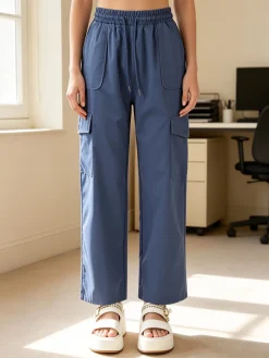 Solada Pantaloni donna a gamba larga con tasconi laterali e coulisse - blu