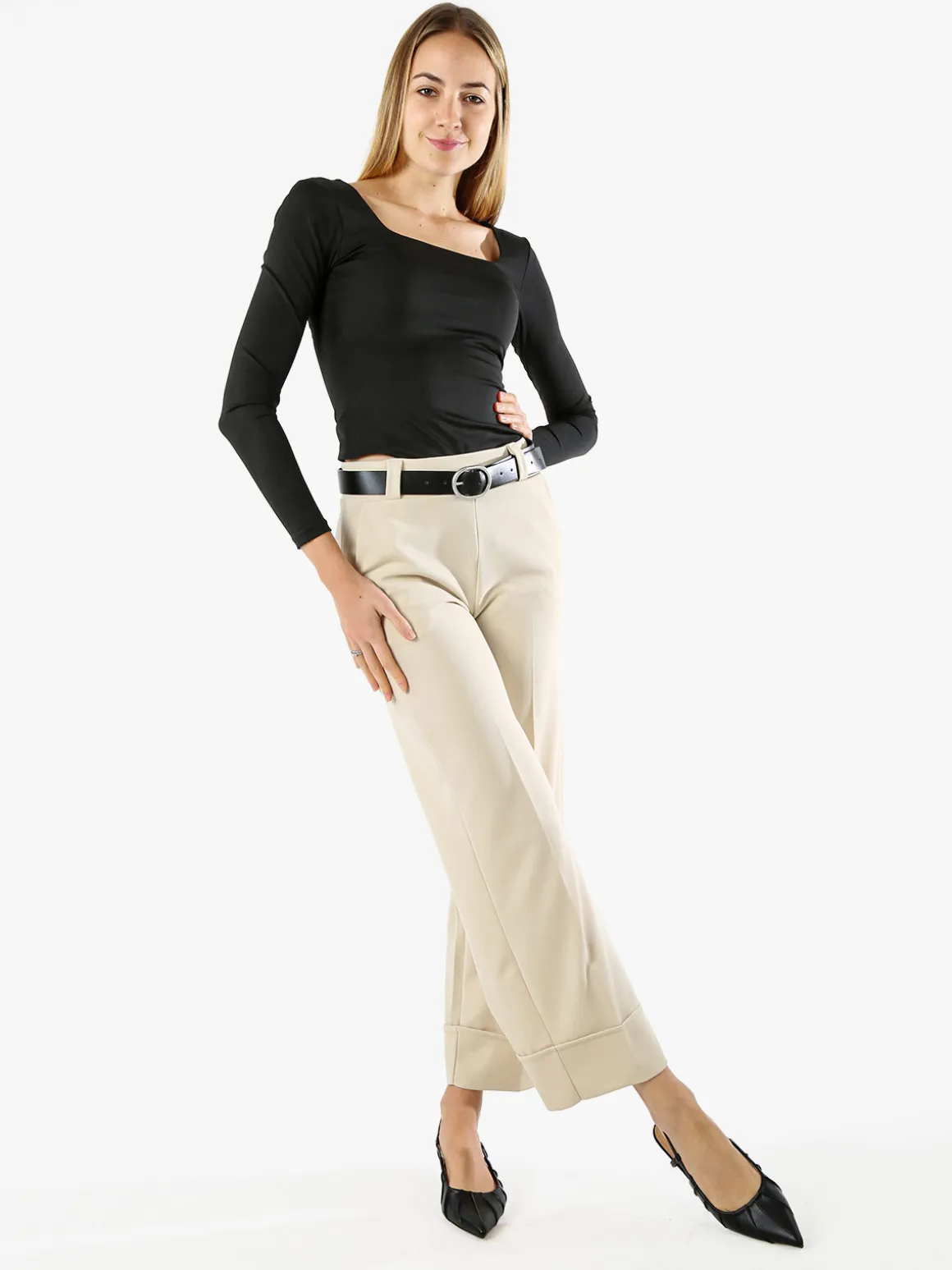 Solada Pantaloni donna a gamba larga con cintura - beige