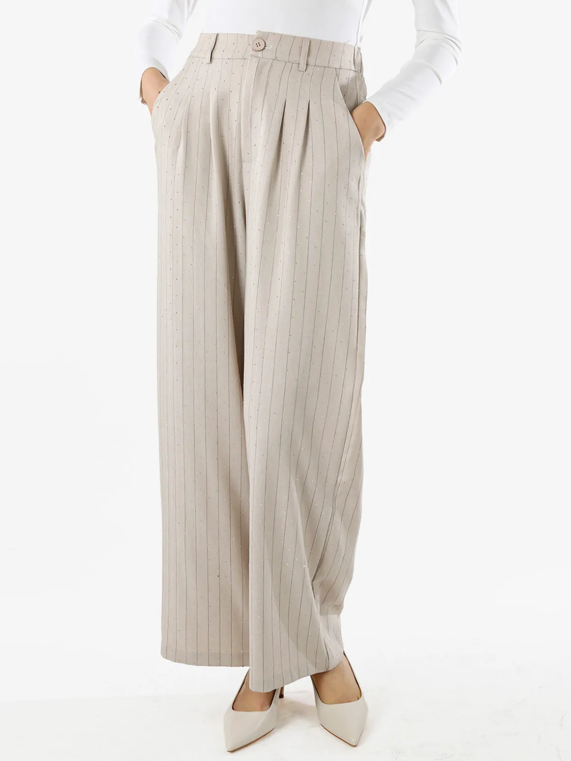 Solada Pantaloni donna a palazzo con micro borchie luccicanti - beige