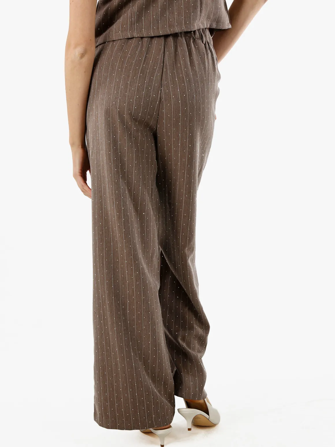 Solada Pantaloni donna a palazzo con micro borchie luccicanti - marrone