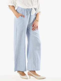 Solada Pantaloni donna a righe in misto lino - azzurro