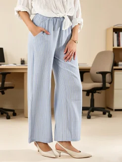 Solada Pantaloni donna a righe in misto lino - azzurro