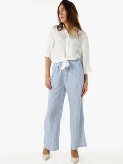 Solada Pantaloni donna a righe in misto lino - azzurro