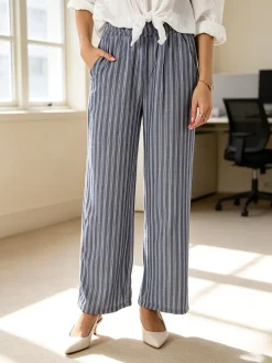 Solada Pantaloni donna a righe in misto lino - blu
