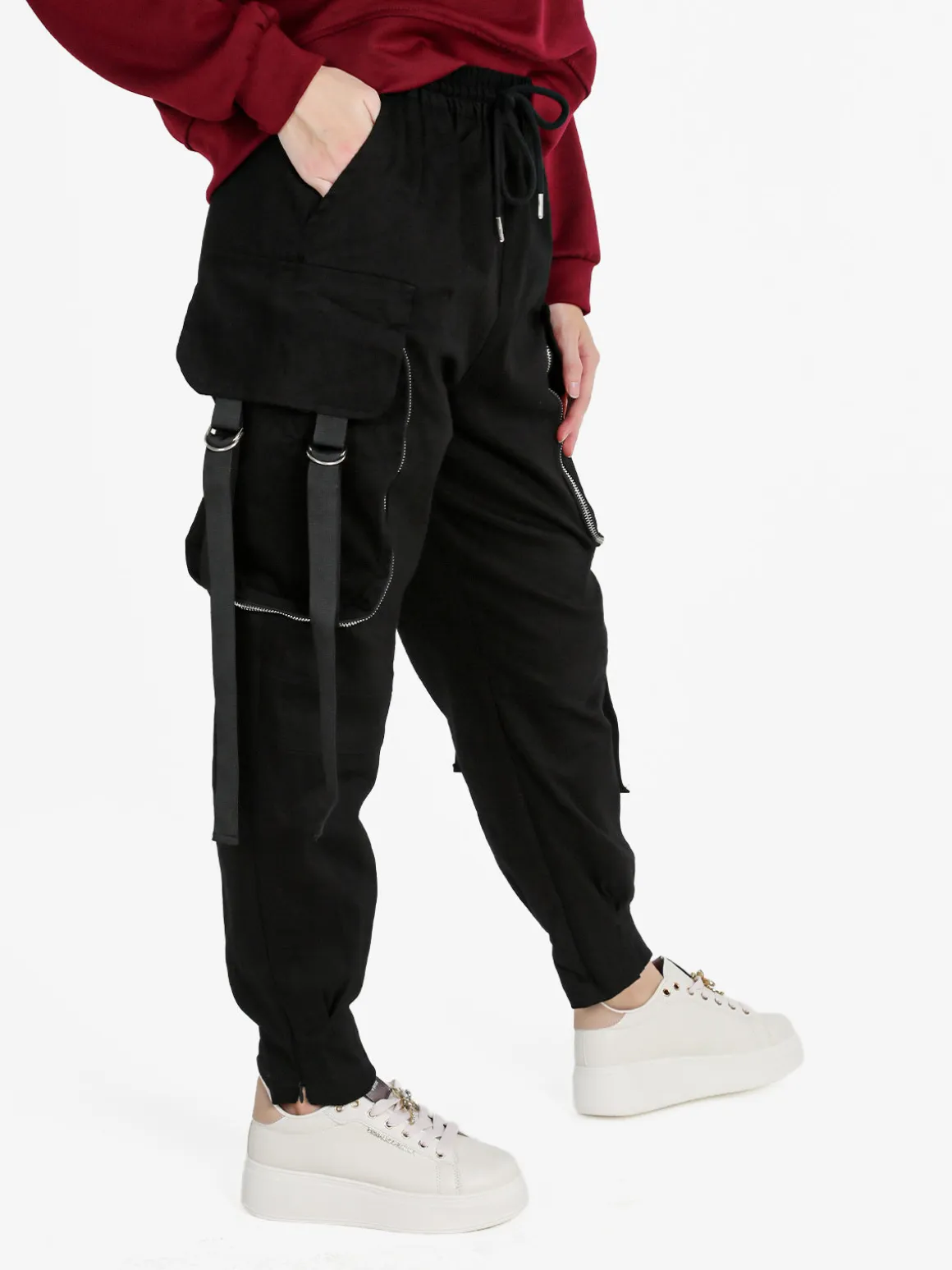 Solada Pantaloni donna con tasconi e coulisse - nero