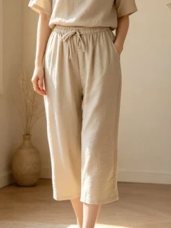 Solada Pantaloni donna cropped a gamba larga con coulisse - beige