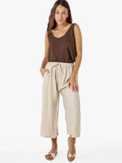 Solada Pantaloni donna cropped a gamba larga con coulisse - beige