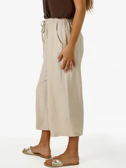 Solada Pantaloni donna cropped a gamba larga con coulisse - beige