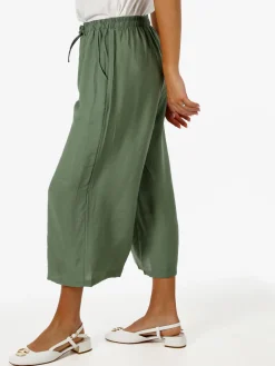 Solada Pantaloni donna cropped a gamba larga con coulisse - militare