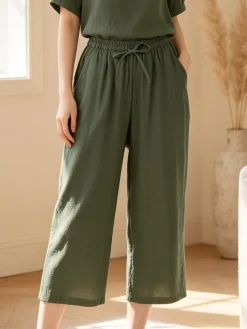 Solada Pantaloni donna cropped a gamba larga con coulisse - militare
