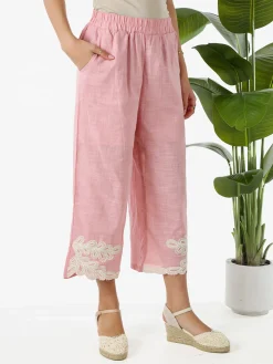 Solada Pantaloni donna culotte in misto lino e cotone con ricami sul finale - rosa