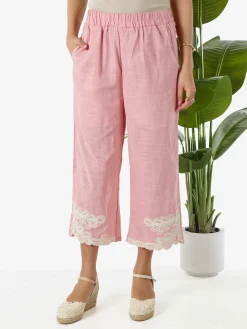 Solada Pantaloni donna culotte in misto lino e cotone con ricami sul finale - rosa