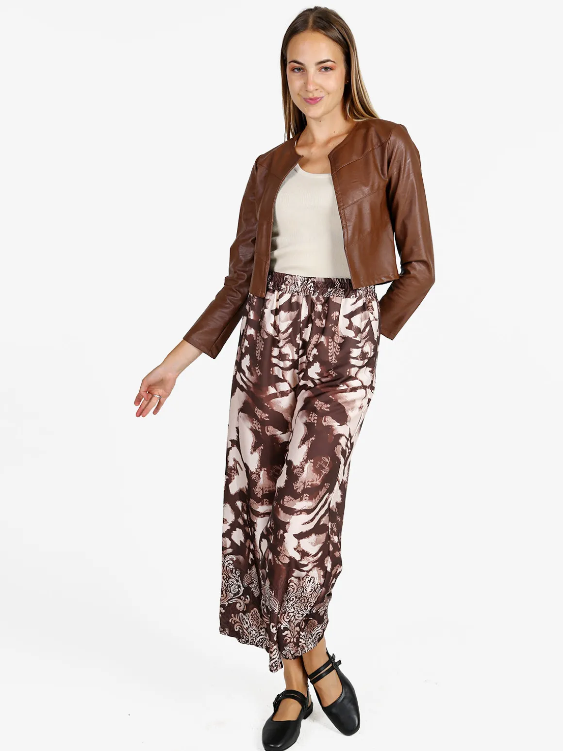 Solada Pantaloni donna effetto raso con stampe - moro