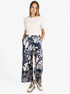 Solada Pantaloni donna effetto raso con stampe - blu scuro