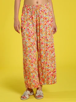 Solada Pantaloni donna floreali a gamba larga in cotone - arancione