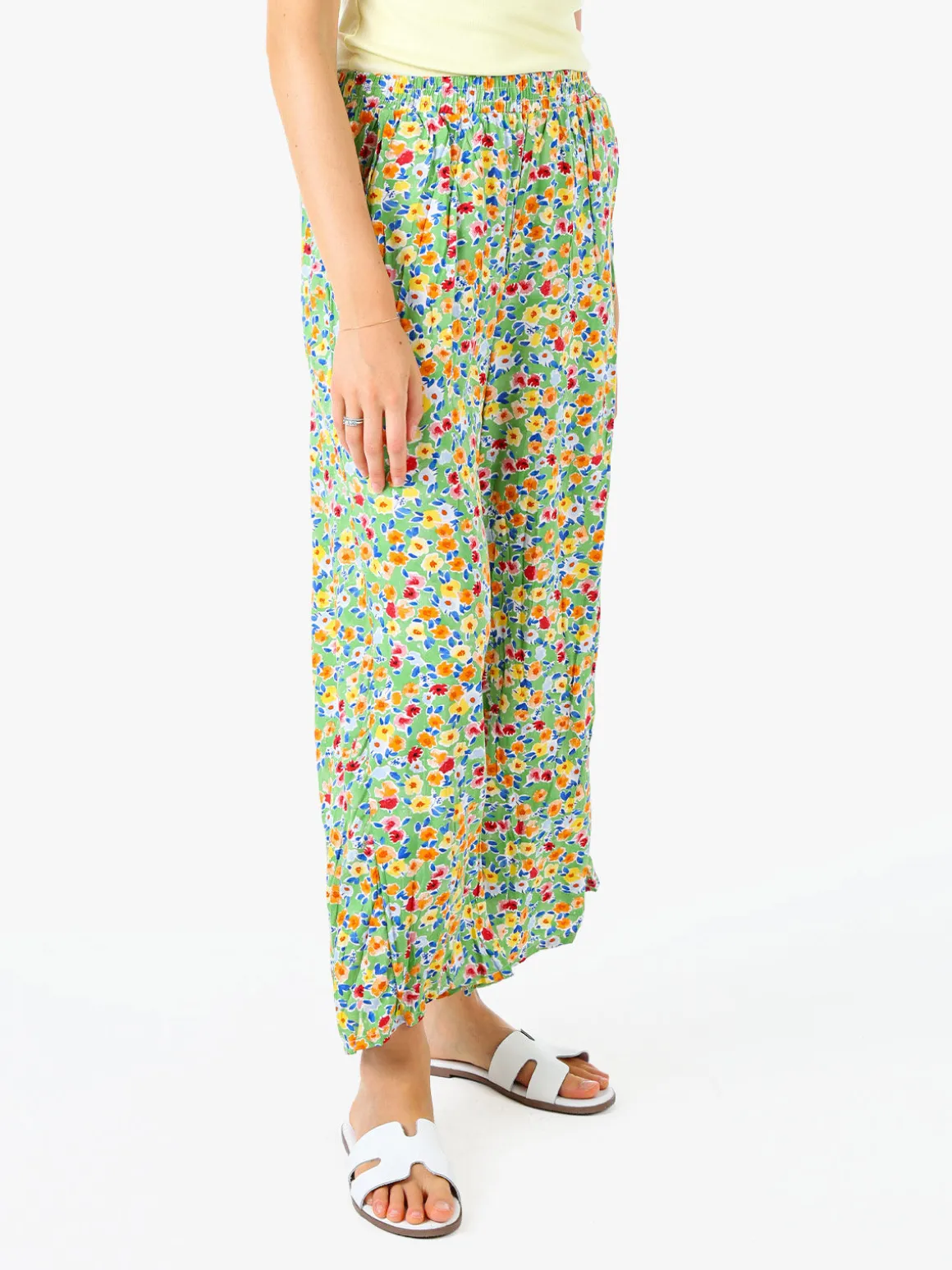 Solada Pantaloni donna floreali a gamba larga in cotone - verde
