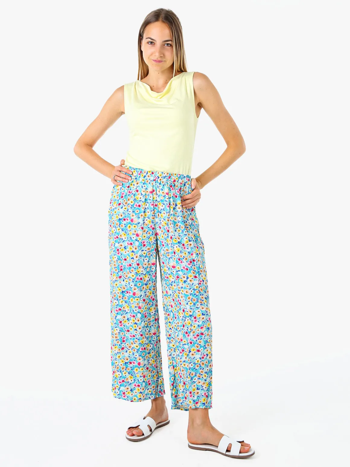 Solada Pantaloni donna floreali a gamba larga in cotone - blu