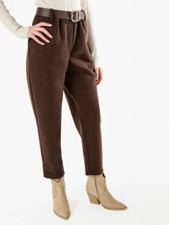 Solada Pantaloni donna invernali con elastico in vita e cintura - moro