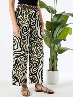 Solada Pantaloni donna in viscosa con stampe e cintura in corda - nero