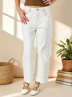 Solada Pantaloni donna jeans wide leg cropped - panna