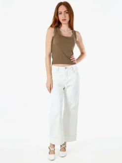 Solada Pantaloni donna jeans wide leg cropped - panna
