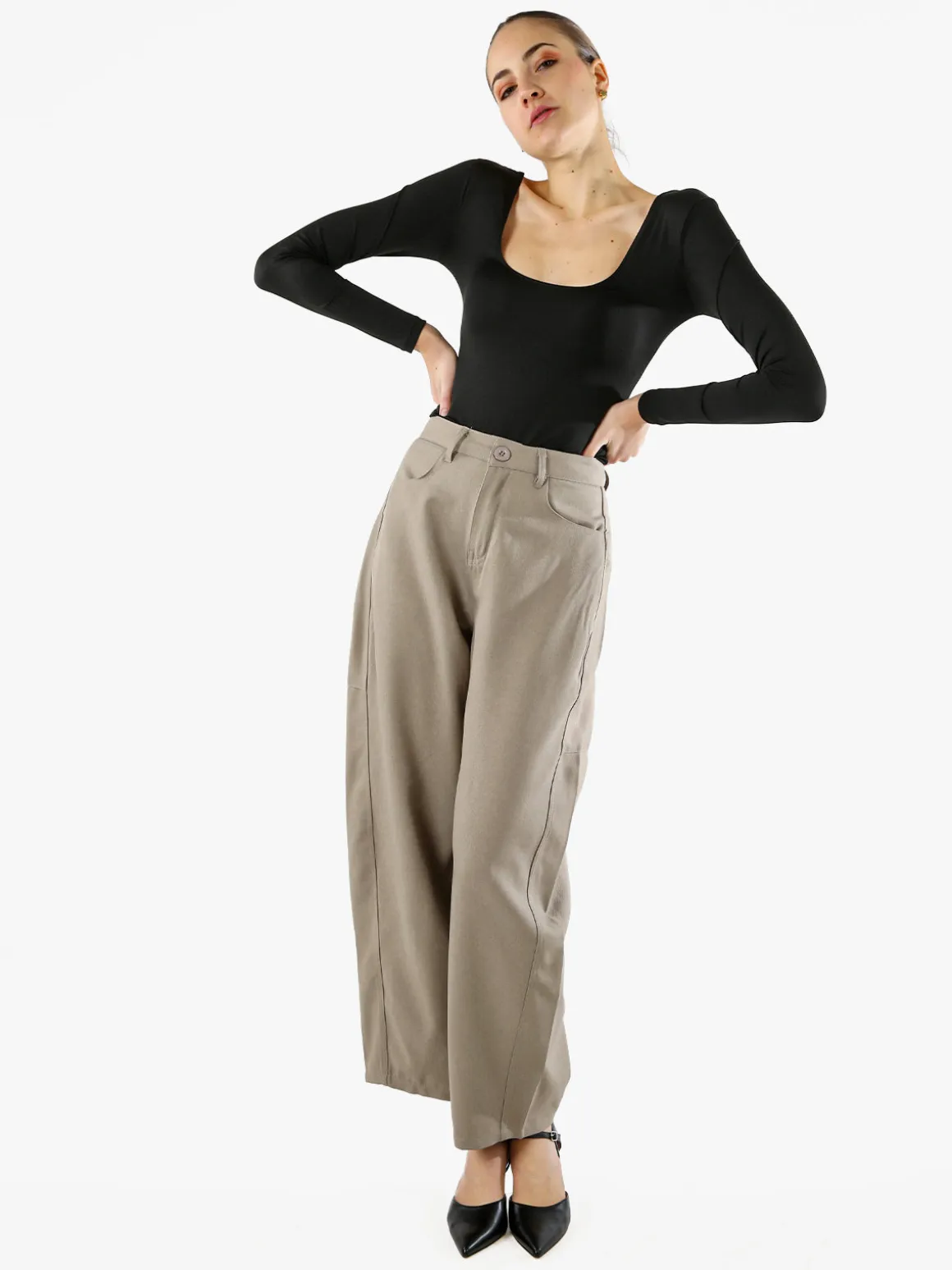 Solada Pantaloni donna leggeri a palloncino con vita alta - taupe