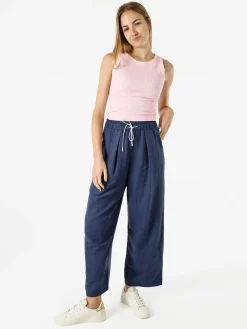 Solada Pantaloni donna leggeri a gamba larga con coulisse - blu scuro