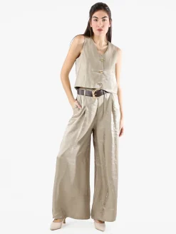 Solada Pantaloni donna leggeri a palazzo in tessuto cangiante - khaki