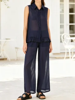 Solada Pantaloni donna leggeri a gamba larga - blu scuro