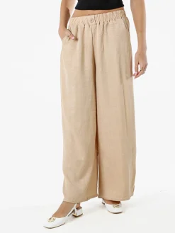 Solada Pantaloni donna leggeri in misto lino a gamba larga - beige