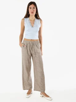 Solada Pantaloni donna leggeri a gamba larga con coulisse - khaki