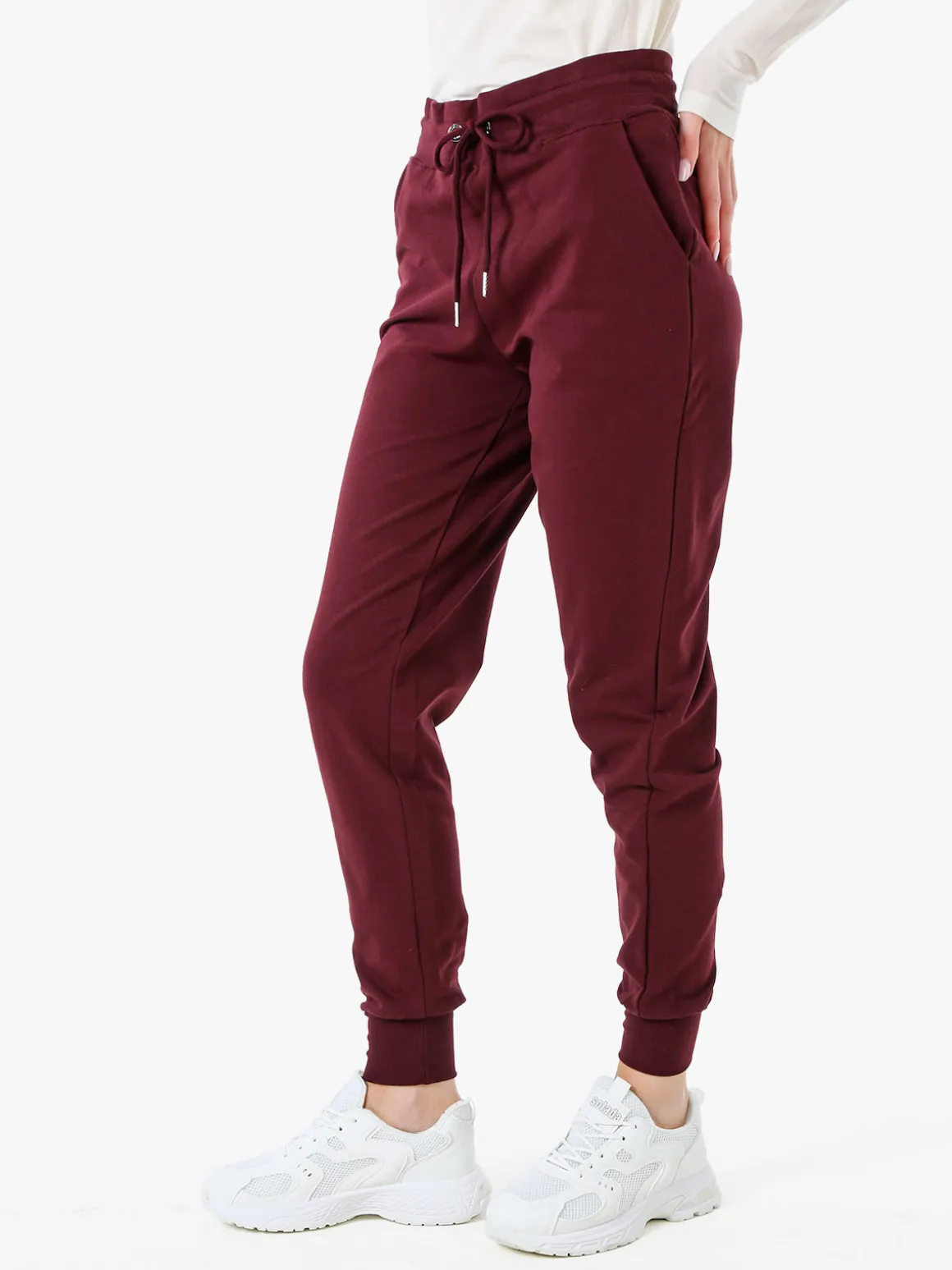 Solada Pantaloni tuta da donna in cotone con coulisse e polsini - bordeaux