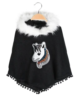 Solada Poncho da bambina con cappuccio e bordo in ecopelliccia