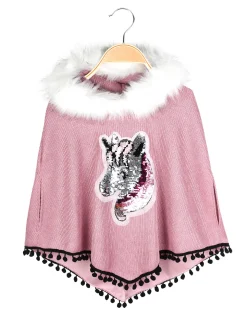 Solada Poncho da bambina con cappuccio e bordo in ecopelliccia