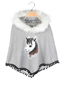 Solada Poncho da bambina con cappuccio e bordo in ecopelliccia