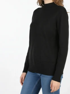 Solada Pullover donna accollato in maglia tinta unita - nero