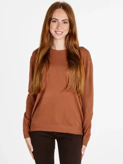 Solada Pullover donna girocollo in maglia tinta unita - cuoio