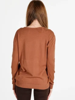 Solada Pullover donna girocollo in maglia tinta unita - cuoio