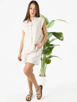 Solada Shorts donna a vita alta in misto lino - beige